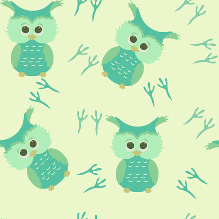 Children's seamless pattern with cute owls on a yellow background. For decorating textiles, packaging and wallpaper vector illustration.のイラスト素材