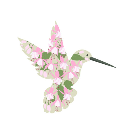 Vector illustration of a stylized bird calibri in flowers of fuchsia on a white isolated background. Template for the design of the album, shop, poster, clothes.のイラスト素材