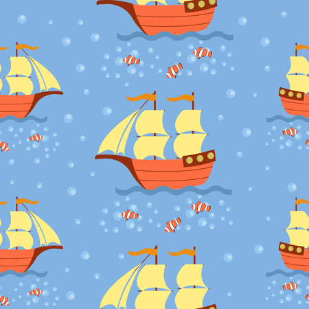 Seamless pattern with sea ships on a blue background. For decorating fabrics, packaging and wallpaper. Children`s vector Illustration.のイラスト素材