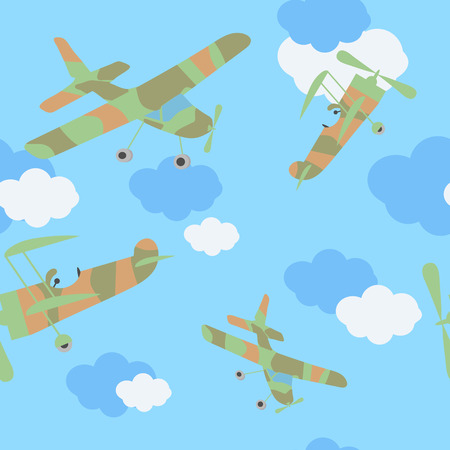 Children's seamless vector illustration with airplanes and clouds on a blue background. For decorating textiles, packaging and wallpaper.のイラスト素材