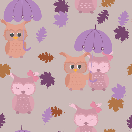 Seamless baby vector illustration with cute owls and umbrellas in pastel colors. For decorating textiles, packaging and wallpaper.のイラスト素材