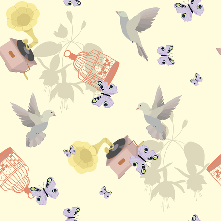 Seamless vintage, romantic pattern with patifones, birds and butterflies on a light yellow background. For decorating textiles, packaging, wallpapers and web design. Vector illustration.のイラスト素材