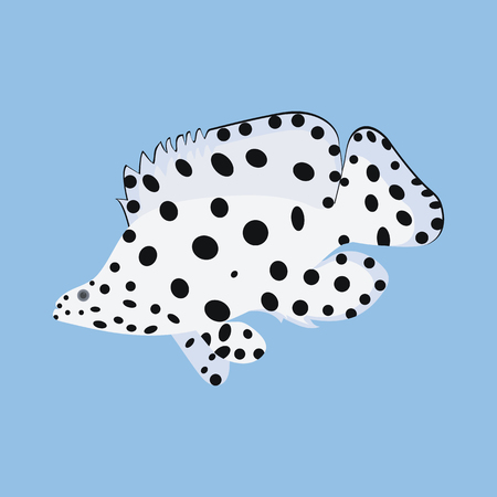 Vector illustration of a beautiful white fish in black polka dots on a blue background. Template for the design of the album, poster, web design.のイラスト素材