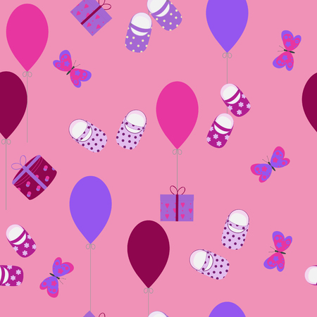 Seamless bright children's pattern with balloons and gifts. For decorating textiles, packaging. Vector illustration.のイラスト素材