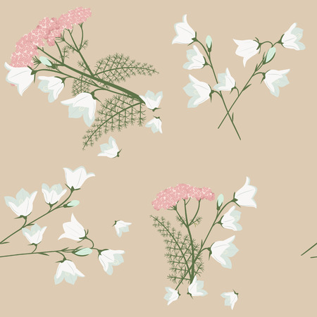 A seamless pattern with field bells and a milfoil on a beige background. For decorating textiles, packaging and wallpaper. Vector illustration.のイラスト素材
