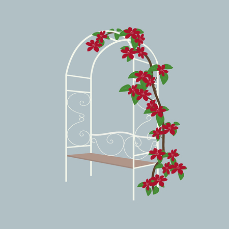 Vector illustration of a garden bench and clematis bush. Template for the design of the logo, label, poster, web design.のイラスト素材