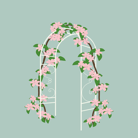 Vector illustration of a garden, park arch with a clematis branch. Template for decorating a poster, labels, logo.のイラスト素材