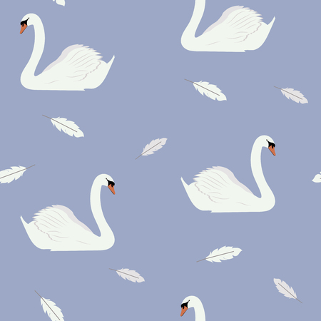 Seamless beautiful vector illustration with white swans on a blue background. For decorating textiles, packaging and wallpaper.のイラスト素材