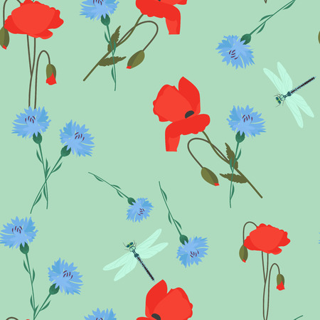 Seamless summer vector illustration with meadow cornflowers, poppies and dragonflies on a green background. For decorating textiles, packaging and web designのイラスト素材