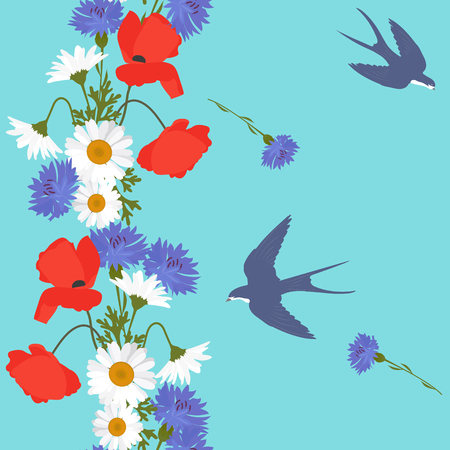Seamless vector illustration with wildflowers. Chamomile, cornflowers, poppies and swallows on a blue background. For decorating textiles, packaging and wallpaper.のイラスト素材