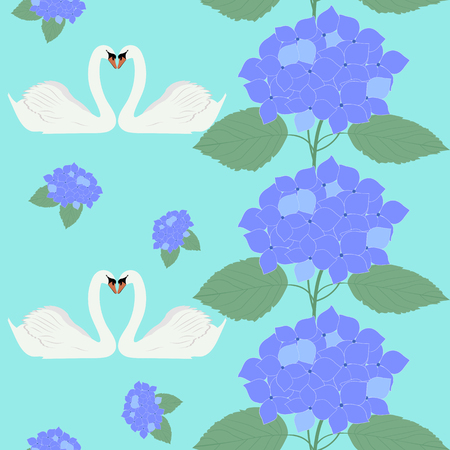 Seamless vector illustration with swans and flowers of hydrangea. For decorating textiles, packaging, web design, wedding design.のイラスト素材