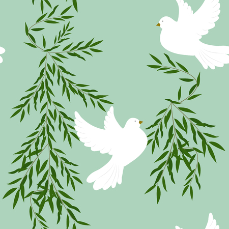 Seamless vector illustration with a branch of willow and pigeons on a green background. For decorating textiles, packaging and wallpaper.のイラスト素材