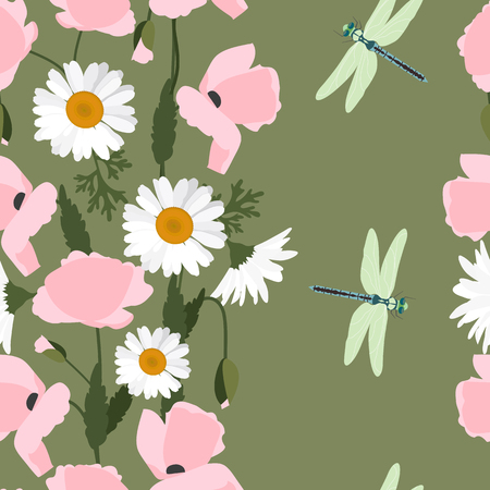 Seamless summer vector illustration with poppies, daisies and dragonflies on a dark green background. For decoration of textiles, packaging and web design.のイラスト素材
