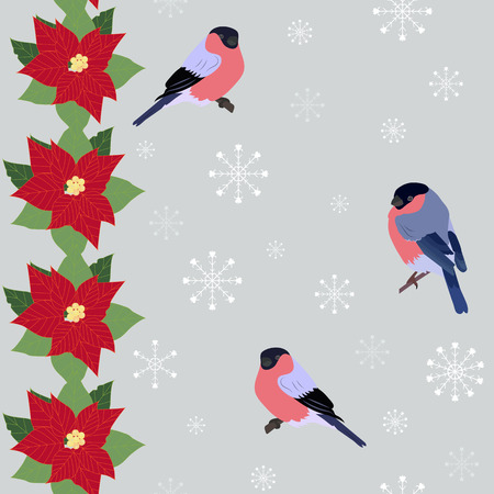 Seamless Christmas pattern with poinsettia flowers, bullfinches and snowflakes on a gray background. For decoration of textiles, packaging and web design. Vector illustration.のイラスト素材