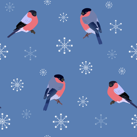 Seamless vector winter illustration. Bullfinches and snowflakes on a blue background. For decoration of textiles, packaging and web design.のイラスト素材