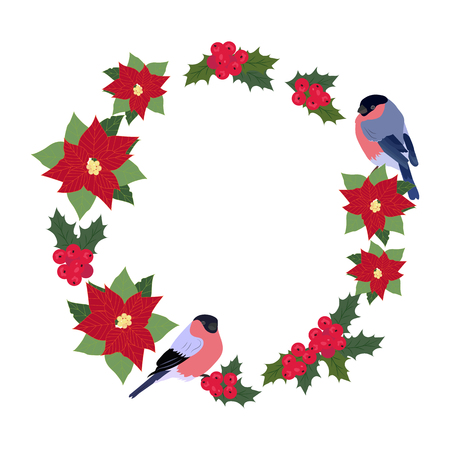 Vector Christmas illustration of a wreath of poinsettia flowers, holly berries and bullfinches on a white isolated background. Template for postcard, poster, web design.のイラスト素材