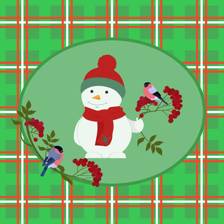 Vector illustration of a Christmas greeting card with a snowman and bullfinches on the branches of mountain ash. Background Scottish cage.のイラスト素材