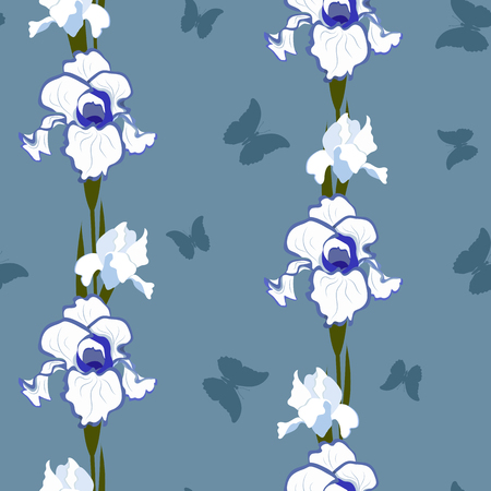 Seamless pattern with iris flowers and butterflies on a dark background. For decorating textiles, packaging and wallpaper. Vector illustration.のイラスト素材
