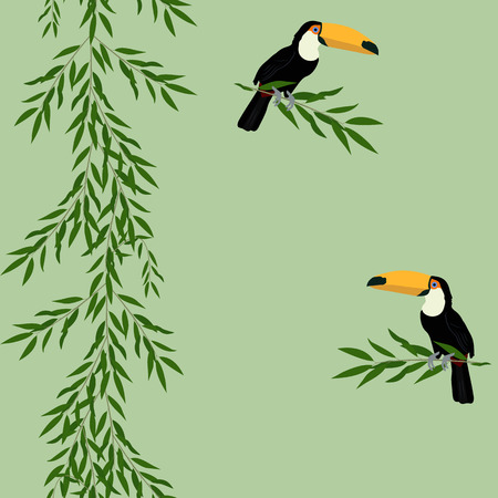 Vector seamless illustration with toucan and leaves on a green background. For decorating textiles, packaging and wallpaper.のイラスト素材