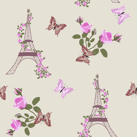 Seamless vector illustration with Eiffel tower, roses and butterflies. For decoration of textiles, packaging and web design.のイラスト素材
