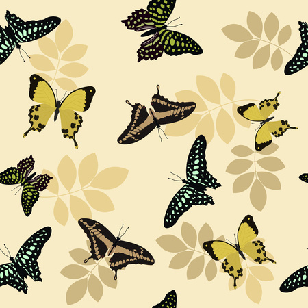 Seamless pattern with beautiful tropical butterflies on a beige background. For decorating textiles, packaging and wallpaper. Vector illustration.のイラスト素材