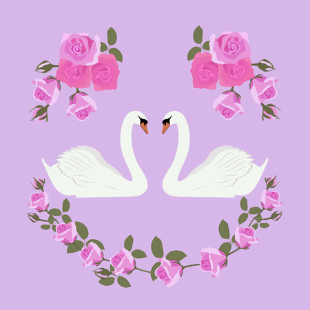 Vector festive illustration with swans and roses. Template for greeting card, wedding invitation, cover, web design.のイラスト素材