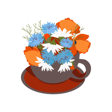 Vector illustration with a bouquet of wildflowers in a cup on a white isolated background. Template for postcard, poster, logo, web design.のイラスト素材