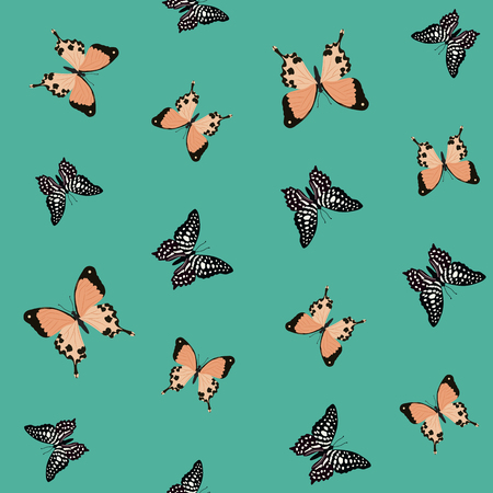 Seamless vector illustration with beautiful butterflies on a green background. For decoration of textiles, packaging and web design.のイラスト素材