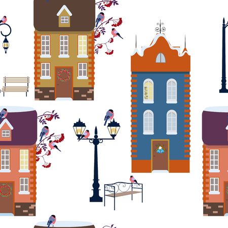 Seamless vector illustration with winter festive city, with birds, lanterns, benches, rowan on white background. For decorating textiles, packaging and wallpapのイラスト素材