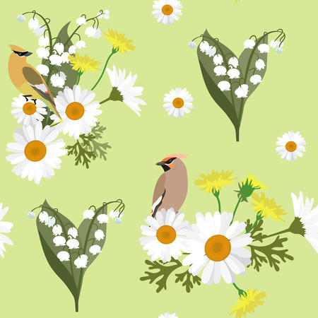 Vector seamless illustration with wildflowers and bird waxwings. For decoration of textiles, packaging, covers and web design.のイラスト素材