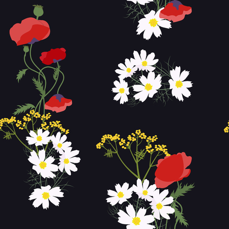 Seamless vector illustration with poppies, kosmeja and field grass on a black background. For decorating textiles, packaging, covers, web design.のイラスト素材