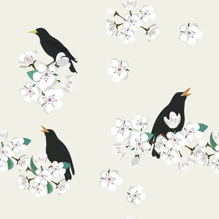 Seamless vector illustration with a blooming apple and bird nightingale. For decoration of textiles,...