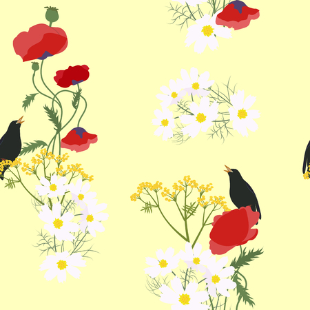 Seamless vector illustration with poppies, kosmeja flowers and bird starling on a yellow background. For decorating textiles, packaging, web design.のイラスト素材