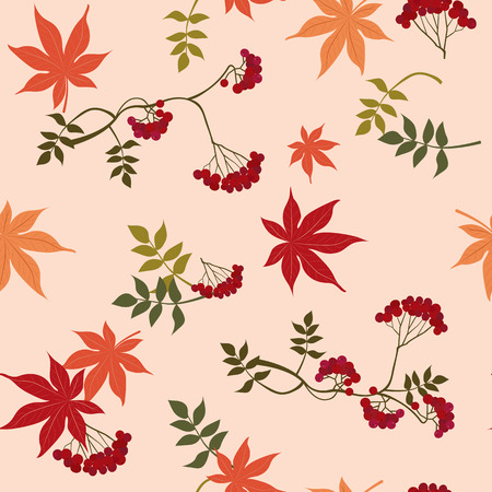 Seamless pattern with autumn leaves and rowan berries. For decorating textiles, packaging, covers.のイラスト素材