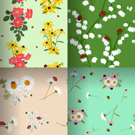 Beautiful set of seamless vector illustrations with summer flowers and ladybugs. For textile decoration, packaging, poster, web design.のイラスト素材