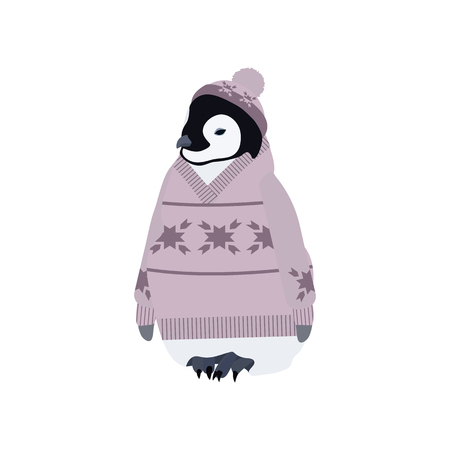 Vector illustration with a penguin in a sweater and hat on a white isolated background. Template for postcard, logo, web design.のイラスト素材