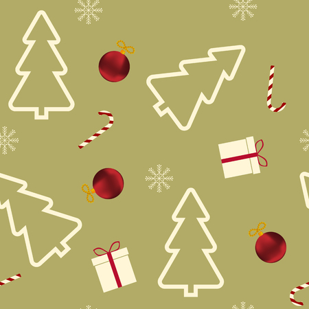 Christmas seamless vector illustration with gifts, fir-tree, balls. For decorating textiles, packaging, covers, web designs.のイラスト素材