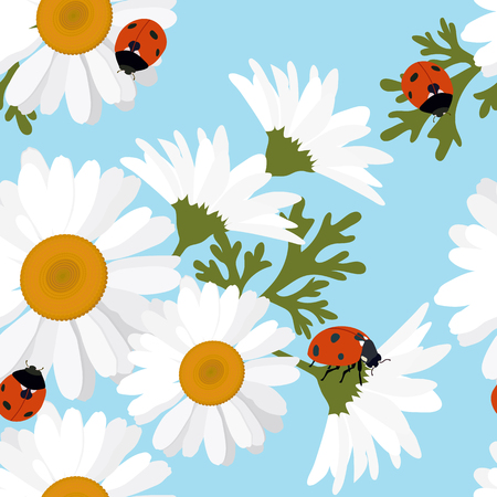 illustration with daisies and ladybugs on a blue . For decoration of textiles, packaging, wallpaper.のイラスト素材