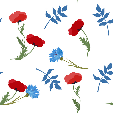Seamless vector illustration with cornflowers and poppies on a white background. For decoration of textiles, packaging, web design.のイラスト素材