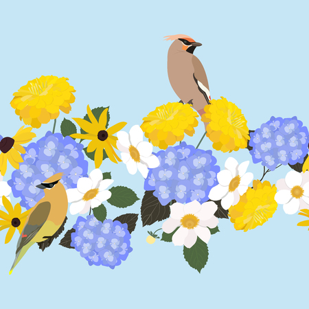 Vector seamless illustration with beautiful flowers and waxwing birds. Horizontal. For decoration of textiles, packaging, wallpaper.のイラスト素材