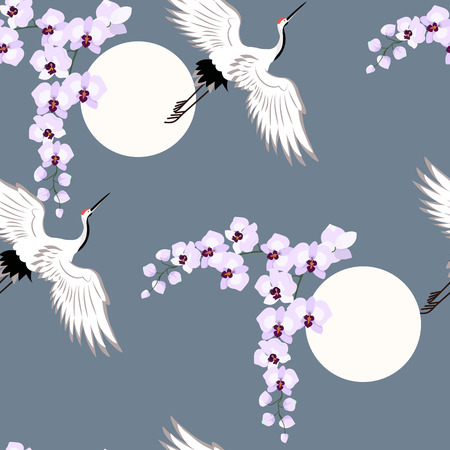 Seamless vector illustration with orchids and birds cranes on a dark background. For decoration of textiles, packaging, wallpaper.のイラスト素材