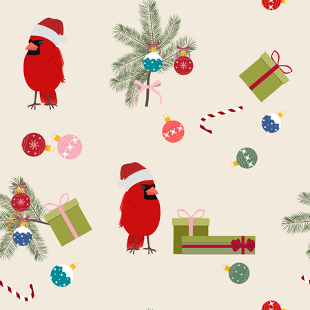 Vector Christmas seamless illustration with birds. Cardinal in Santa hat, gifts, Christmas tree branch with balls. For decoration of textiles, packaging, web design.のイラスト素材