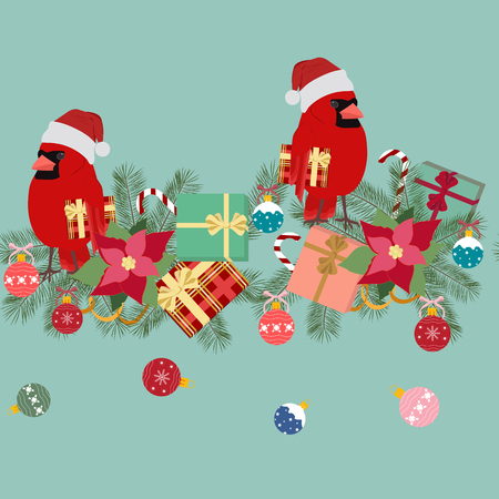 Festive seamless vector illustration with bird Cardinal in Santa hat,poinsettia,twig spruce, gifts. For decoration of textiles, packaging, web design.のイラスト素材