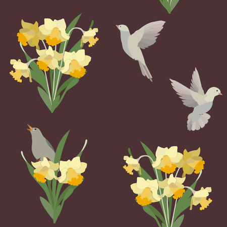 Vector seamless illustration with daffodils and birds on a dark background. For decorating textiles, packaging, web design.のイラスト素材