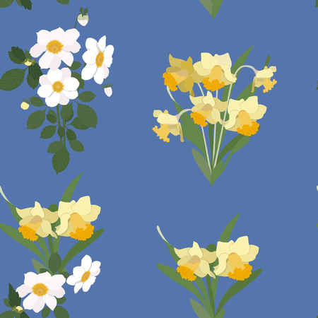 Seamless vector illustration with daffodils and dahlias on a blue background. For decorating textiles, packaging, wallpaper.のイラスト素材