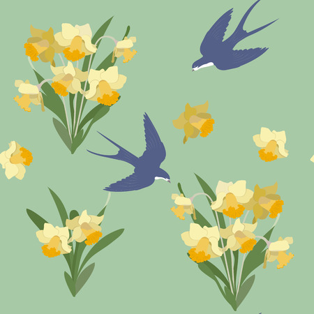 Seamless vector illustration with daffodils and swallows on a green background. For decorating textiles, packaging, web design.のイラスト素材