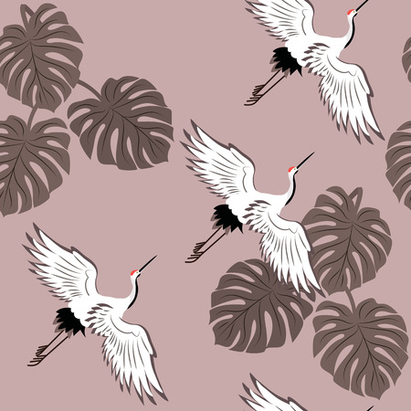 Seamless vector illustration with birds cranes and monster leaves in pastel colors. For decorating textiles, packaging, wallpaper.のイラスト素材