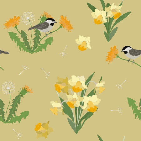 Seamless vector illustration with daffodils, dandelions and sparrows. For decoration of textiles, packaging, wallpaper, web design.のイラスト素材