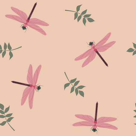 Seamless summer vector illustration. Dragonflies and leaves on a pink background. For decorating textiles, packaging, web design.のイラスト素材