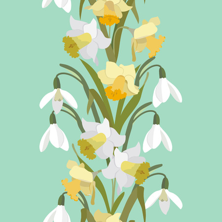 Seamless vector illustration with spring flowers daffodils and snowdrops. Vertical. For decorating textiles, packaging, covers, wallpapers.のイラスト素材